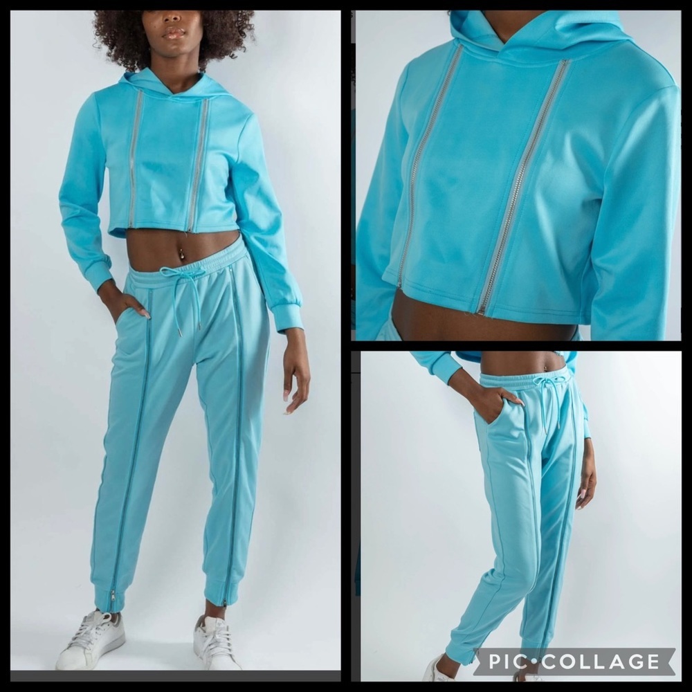 NWT- Waisted BABY BLUE ZIPPER TRACK SETS. JACKET and PANTS Size Medium